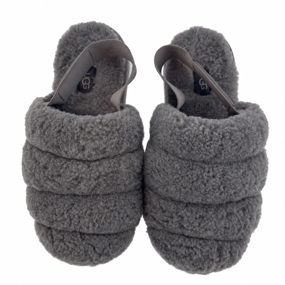 UGG Super Fluff Slingback Platform Slides Women 7 Gray Sheepskin Slippers Sandal